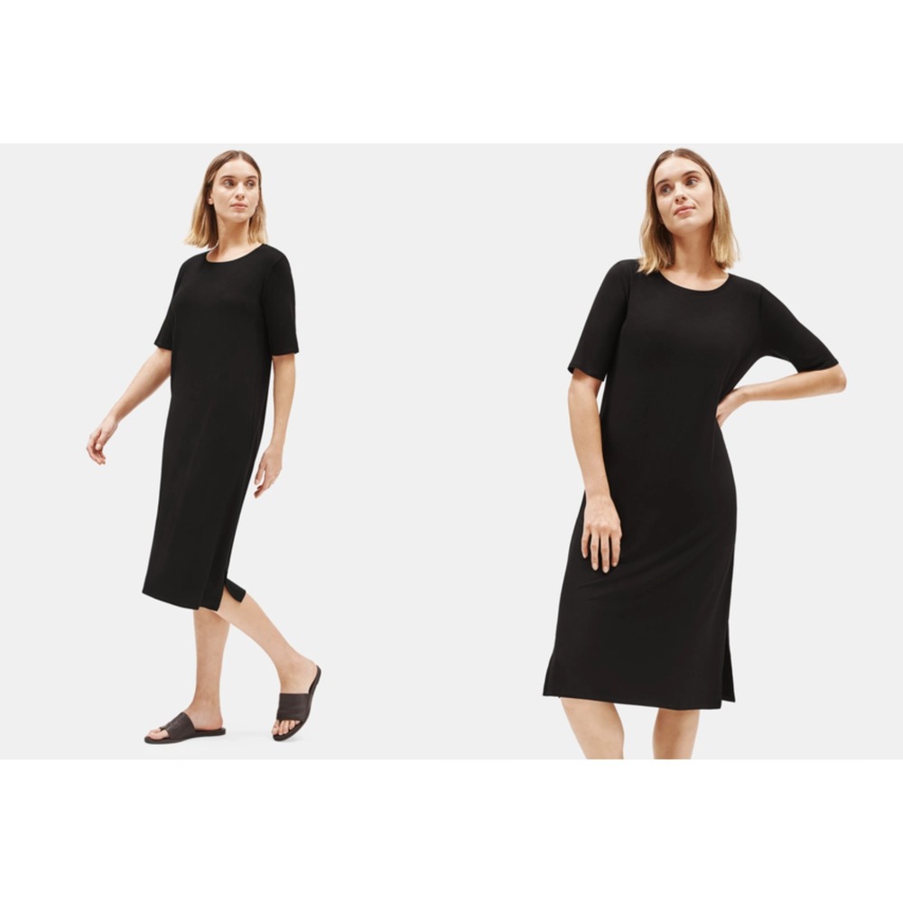 EILEEN FISHER System Fine Jersey Easy Dress Women Medium Black Round Neck NWT